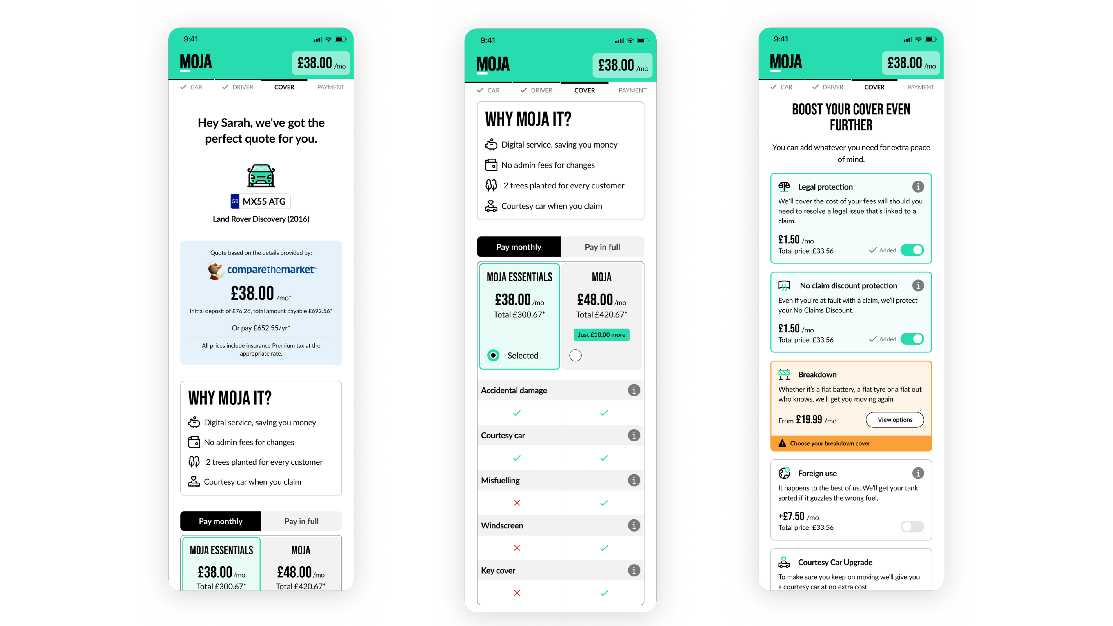 Moja quote journey screens showing the insurance quote and add-ons flow