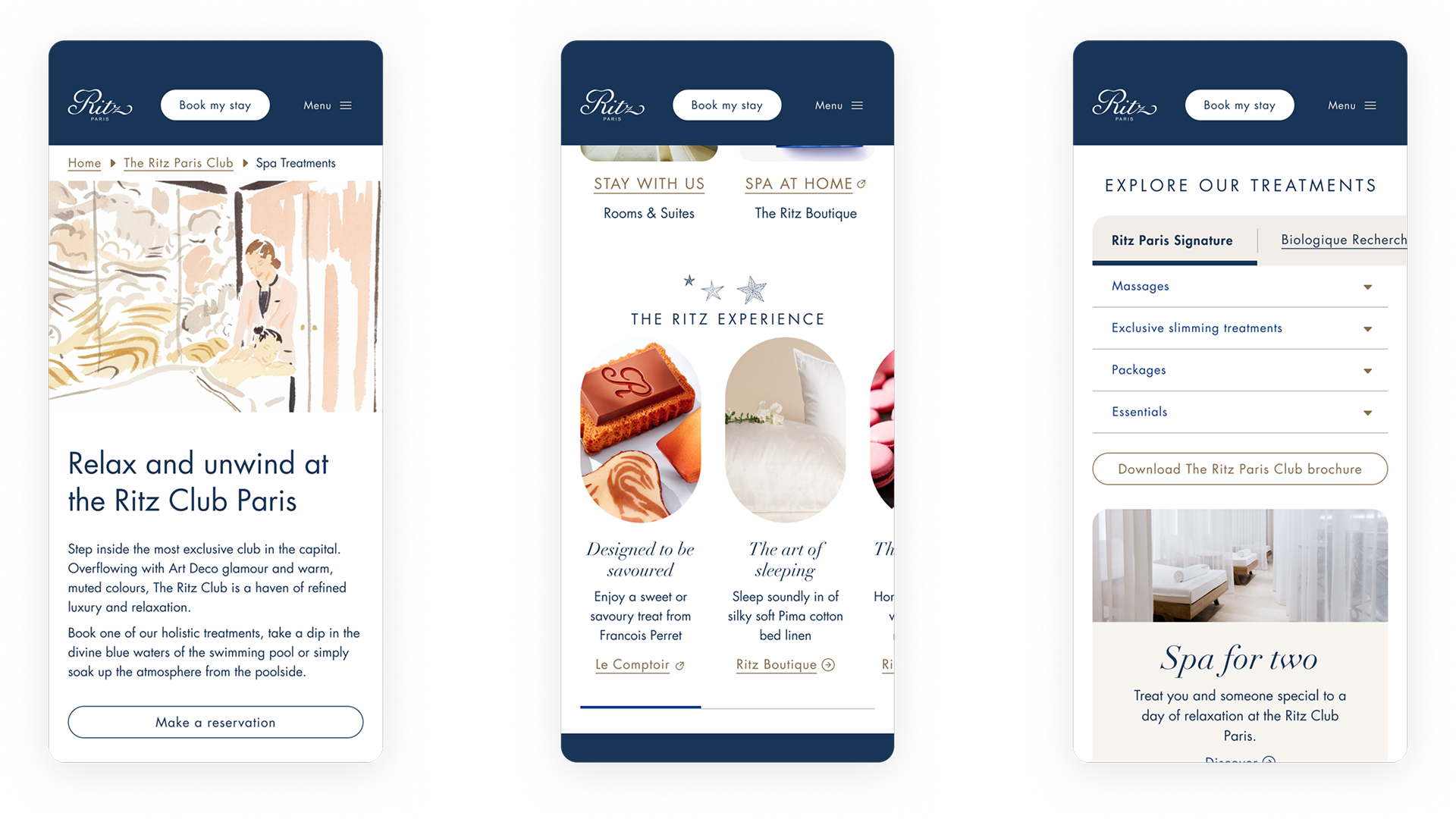 Mobile screens from the Ritz Paris website showing the Ritz Club spa page and treatments menu