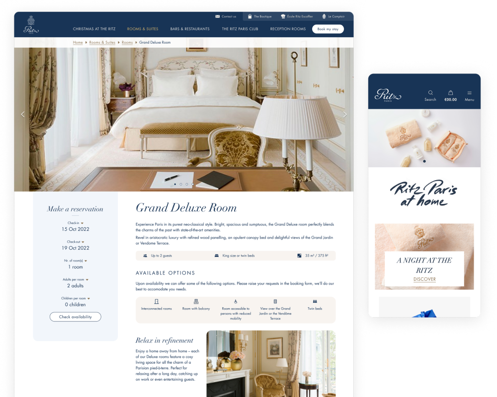 Desktop Grand Deluxe Room detail page alongside the mobile e-boutique home screen