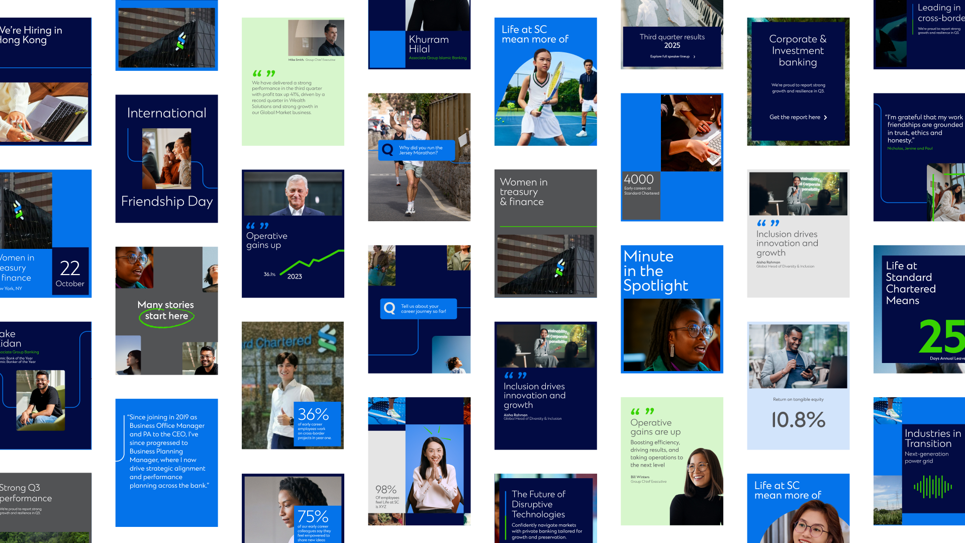 Grid of Standard Chartered social media templates showing the refreshed brand applied across recruitment, corporate, investor and lifestyle content