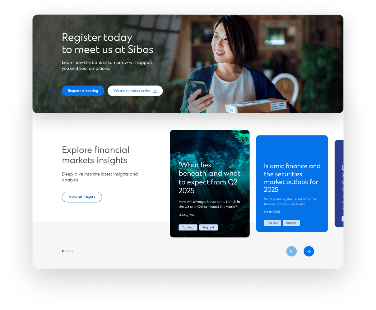 Standard Chartered website template with hero banner and financial markets insights section